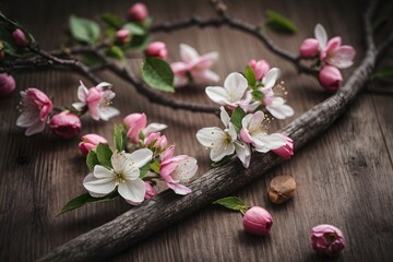 Spring Banner cherry blossom on wooden background, plank.