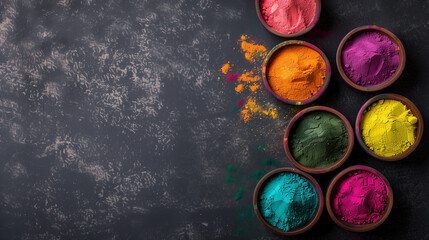 Vibrant Hues of Holi: Celebrating with Bowls of Colorful Powders - obrazy, fototapety, plakaty