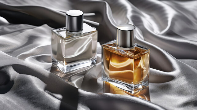 Two bottles of perfume on silver linen