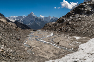 Mount Ama Dablam and river bed from Cho La Pass during Everest Base Camp EBC or Three Passes...