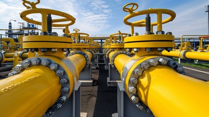 Gas pipelines and valves on distribution station with blue sky, industrial image with text space