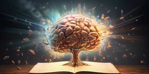 Human brain exploding over open book - obrazy, fototapety, plakaty