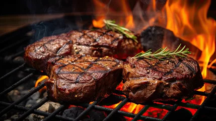 Foto op Canvas Meat on the grill. Meat cooked with herbs and spices on a barbecue grill © PNG WORLD