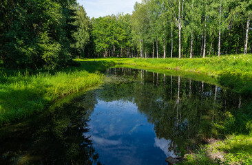 Fototapeta na wymiar View of the Slavyanka River in Pavlovsky Park with reflection