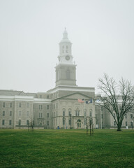 Hayes Hall on a foggy day, at the University at Buffalo, Buffalo, New York