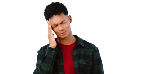 Burnout, headache and man with pain for stress, frustrated or mental health. Overworked, emoji and face of model for mistake, fail or compliance review isolated on a transparent, png background