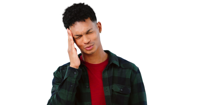 Burnout, headache and man with pain for stress, frustrated or mental health. Overworked, emoji and face of model for mistake, fail or compliance review isolated on a transparent, png background