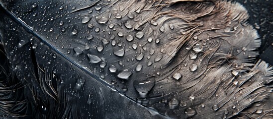 A closeup image capturing a black feather covered in glistening water drops, showcasing a blend of fluid and moisture on a grey surface