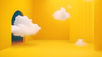 yellow room with clouds flying in