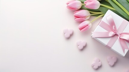 Obraz na płótnie Canvas Pink flowers tulips on white spring background with gift box, mock up.Generative AI