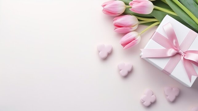 Pink flowers tulips on white spring background with gift box, mock up.Generative AI
