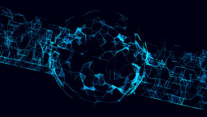 Futuristic vector sci-fi sphere in space with waves around. Technology circle a network connection big data. Digital ai background with particles. 3D wireframe geometric sphere. - obrazy, fototapety, plakaty