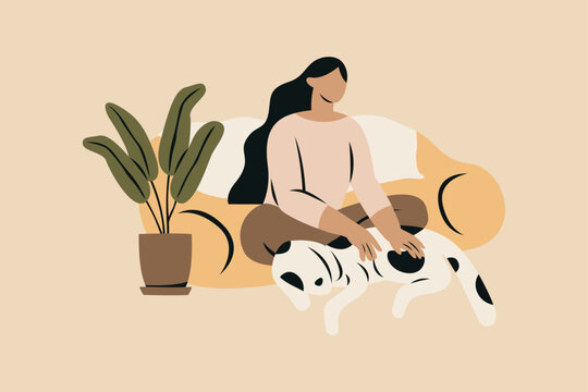 Introverted Woman Playing with Dog Vector Illustration