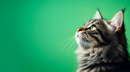 Banner with a cat on a solid green background. With copy space. Banner.