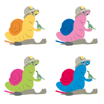 Illustration of a friendly and funny snail digging up a small dinosaur in different colourful variations