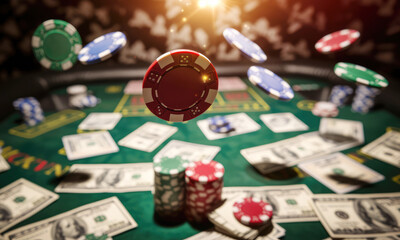Naklejka na ściany i meble poker chips in a casino fly and fall on the table with money in the rays of light