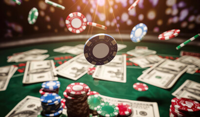 gambling chips in the casino fly and fall on the table with money in the rays of light - obrazy, fototapety, plakaty
