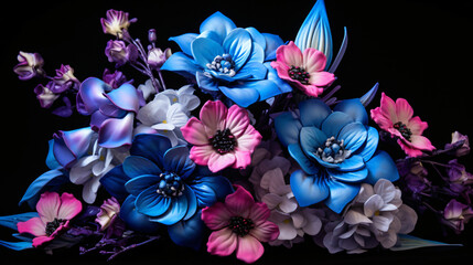 A bunch of purple and blue flowers