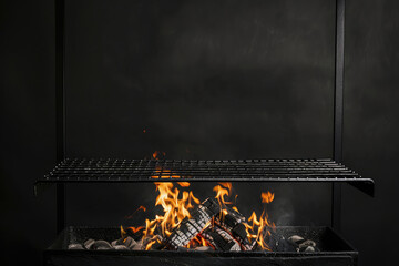 Obraz premium black grill grate with fire and coals on a black background, copy space