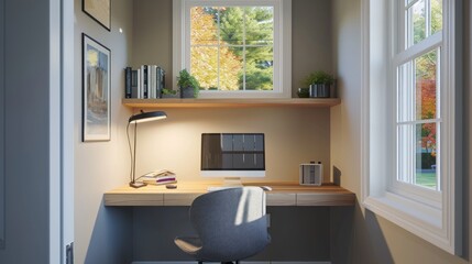 Compact and organised work nook with a floating desk. Generative ai - obrazy, fototapety, plakaty
