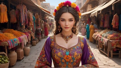 A charming woman in a charming dress, adorned with intricate embroidery and surrounded by a bustling marketplace filled with vibrant colors and exotic scents.