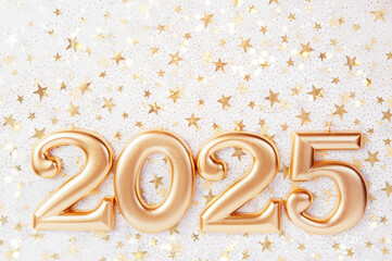 Holiday background Happy New Year 2025. Numbers of year 2025 made by gold candles on bokeh festive...