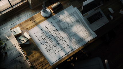 blue prints of project on table in an office, top view, blue print making workspace
