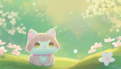 Green springtime background with a cute kitten toy. Japanese anime cartoon style, copyspace.