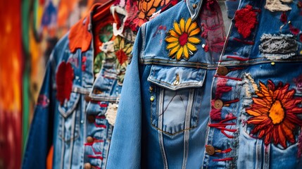 Recycling Old Jeans, Denim Upcycling Ideas, Repurposing Reusing Old Jeans cloth. Close up of recycled customized denim jackets