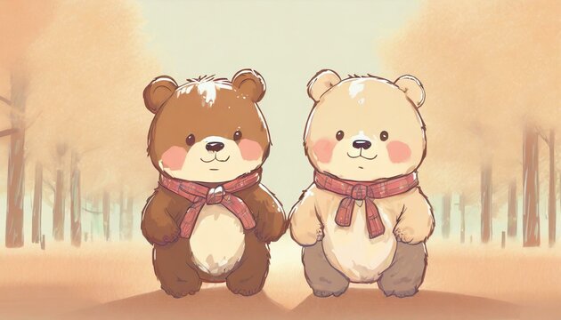 Two happy cute teddy bear toys walking in the springtime park. Japanese anime cartoon image in warm colours.
