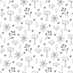 Seamless doodle style pattern with natural elements. Texture with decorative trees, bushes, branches, berries and mushrooms. Pattern on changeable white background. Black hand drawn linear elements.