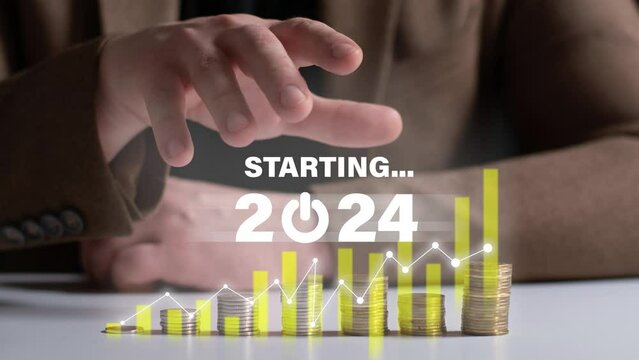 Starting New year with ambition 2024 Planning and challenge strategy in new year 2024 Concept.Finance and business concept. Investment graph and rows growth of coins.Concept of investing and financial