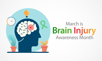Brain Injury awareness month (TBI) is observed every year in March, is a disruption of the normal function of the brain that can be caused by a blow, bump or jolt to the head. vector illustration