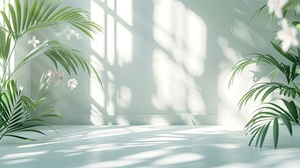 Abstract white studio background for product presentation. Empty room with shadows of window and flowers and palm leaves . 3d room with copy space. Summer concert. Blurred backdrop - obrazy, fototapety, plakaty