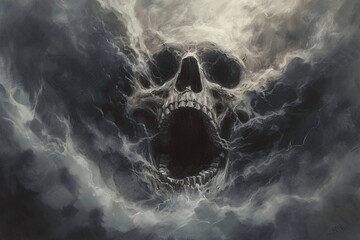 Skeleton Screaming in the Clouds A Hauntingly Beautiful Skull Artwork Generative AI - obrazy, fototapety, plakaty