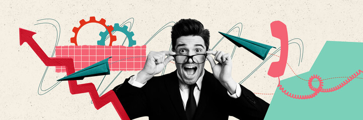Collage young amazed businessman high income reach success increase profit achieve top goal...