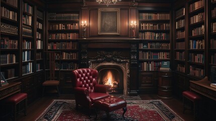 A Cozy Reading Nook A Red Leather Chair Sits Beside a Fireplace, Perfect for a Monthly Book Club Meeting Generative AI