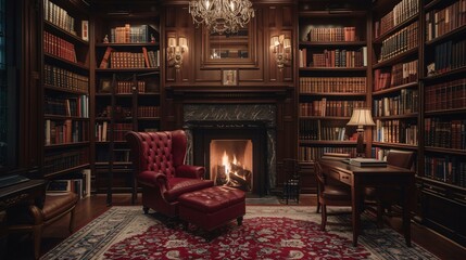 Obraz premium A Cozy Reading Nook with a Fireplace and a Red Chair Generative AI