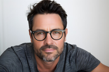 Obraz premium Closeup portrait of handsome man wearing eyeglass. Elegant man in glasses. Optics style for men