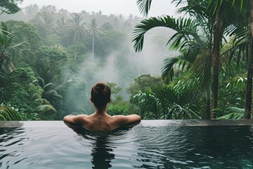 Mountain Oasis: Woman Relaxing in Resort Pool Surrounded by Tropical Scenery