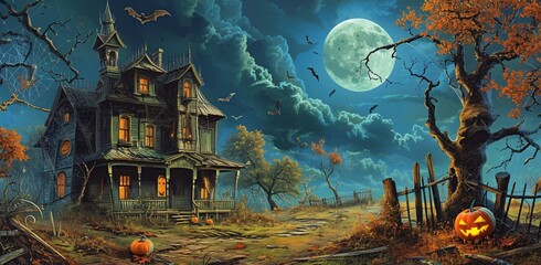 Halloween Night at the Haunted Mansion Generative AI - obrazy, fototapety, plakaty