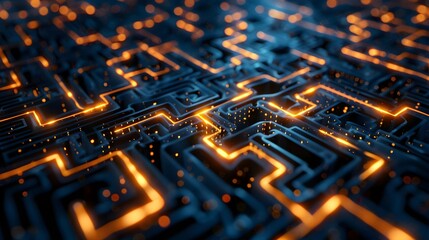 Close-up of an illuminated circuit board with glowing orange lines, depicting modern electronics and technology.