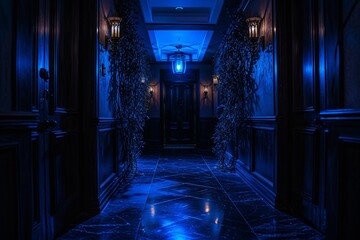 Fototapeta premium Glowing Blue Hallway with Blue Lights and Blue Floor Generative AI