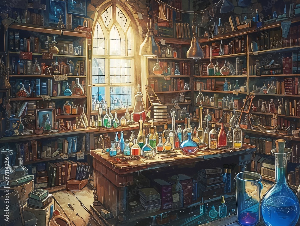 Poster A Magical Bookshelf with a Glowing Window Generative AI