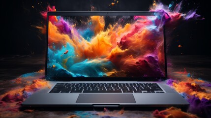 Laptop with colorful watercolor splashes in the monitor screen, creative design for the work