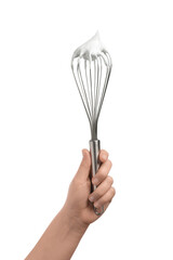 Woman holding whisk with whipped cream on white background, closeup