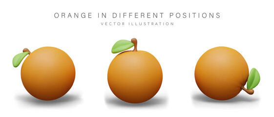 Realistic orange in different positions. Ripe bright citrus fruit