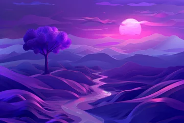 Deurstickers An imaginative illustration showcasing a futuristic digital landscape with prominent purple hues © 1st footage