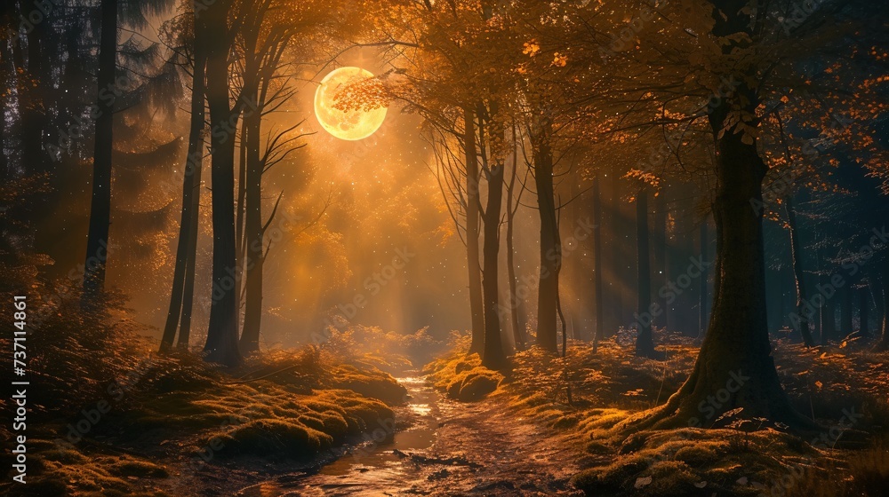 Poster glowing moonlit path in the woods generative ai