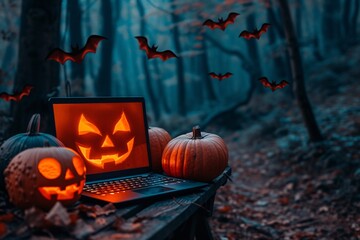 Halloween Night with a Laptop and Pumpkins Generative AI